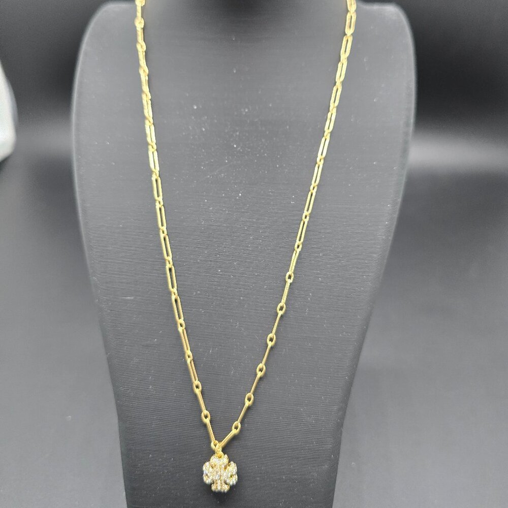 Tory Burch Gold Paperclip Style Necklace w/Double T Pave Crystal Pendant NWOT